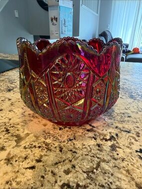 Ruby Carnival Glass Scalloped Bowl - Iridescent Red